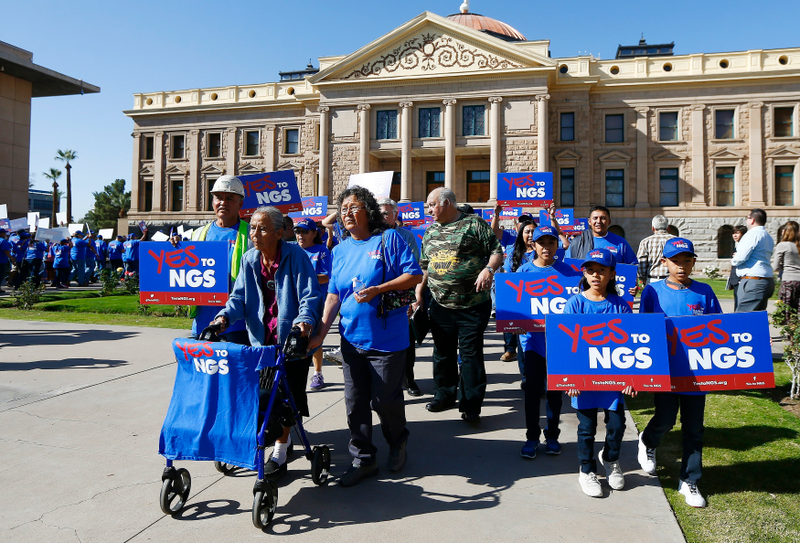 A new coalition rallies outside the Arizona Capitol February 6, 2018, to advocate in support of the Navajo Generating Station. Photo: AP